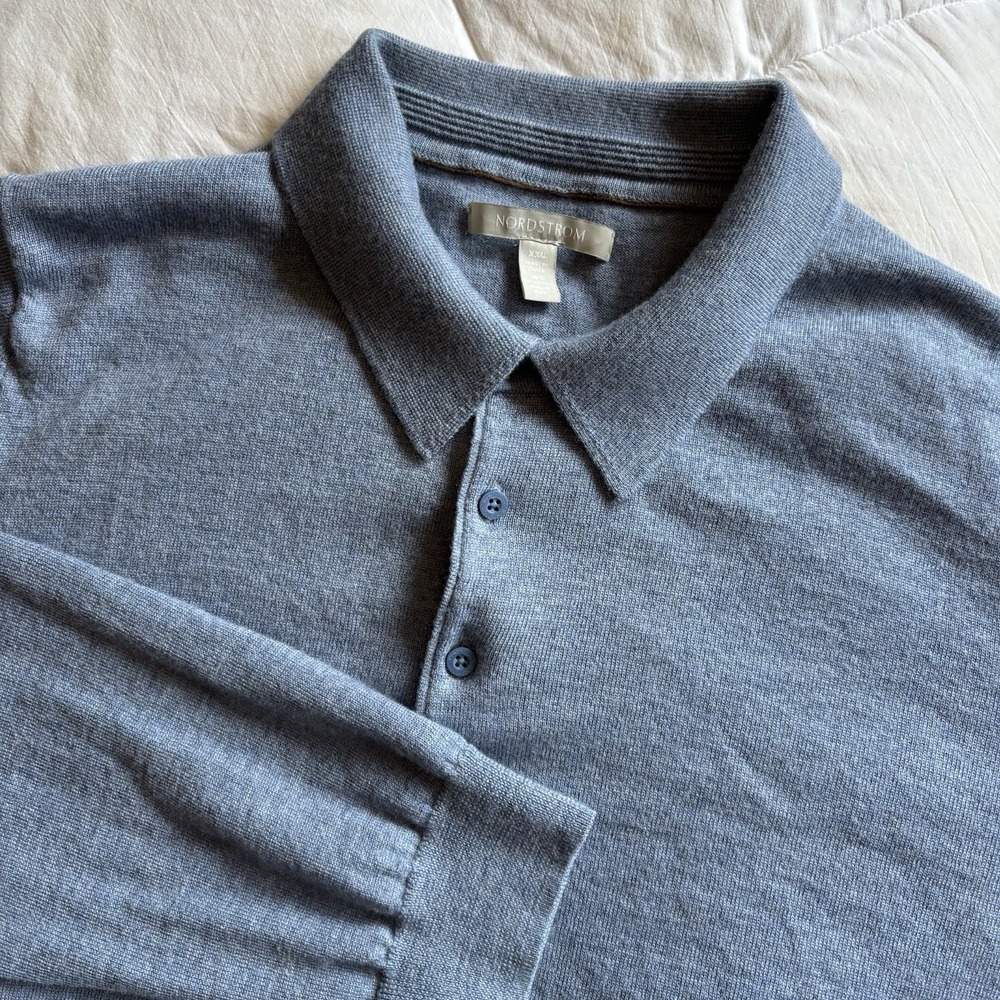 Nordstrom 100% Extra Fine Merino Wool Polo Collar Sweater Mens XXL Soft Blue EUC